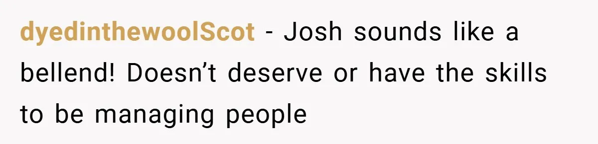 dyedinthewoolScot − Josh sounds like a bellend! Doesn’t deserve or have the skills to be managing people