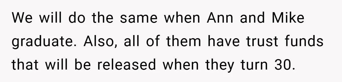 We will do the same when Ann and Mike graduate. Also, all of them have trust funds that will be released when they turn 30.
