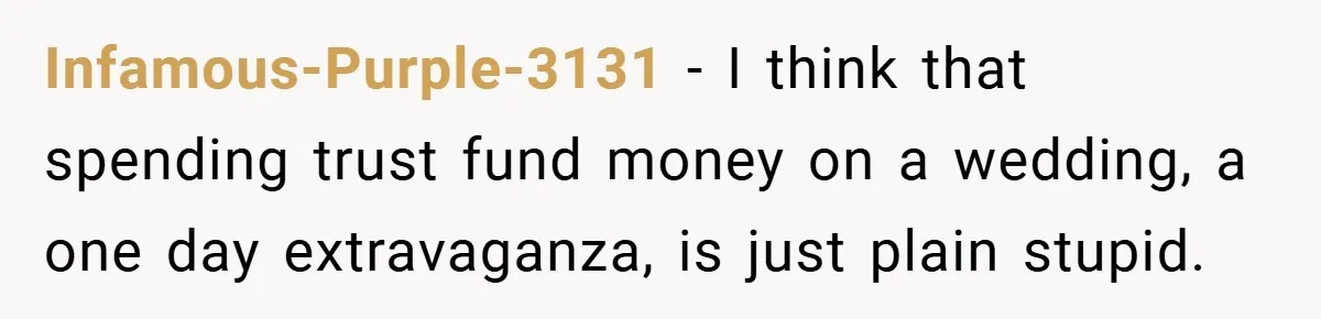 Infamous-Purple-3131 − I think that spending trust fund money on a wedding, a one day extravaganza, is just plain stupid.