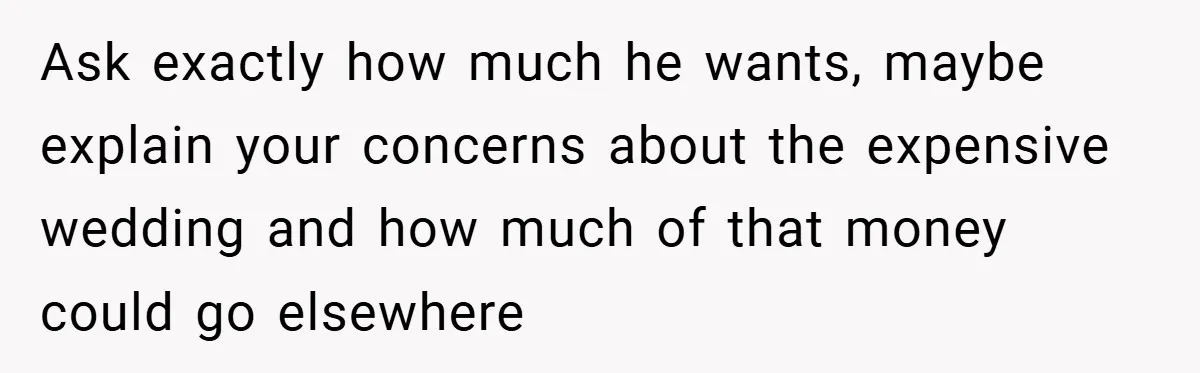 Ask exactly how much he wants, maybe explain your concerns about the expensive wedding and how much of that money could go elsewhere