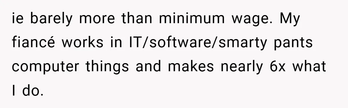 ie barely more than minimum wage. My fiancé works in IT/software/smarty pants computer things and makes nearly 6x what I do.