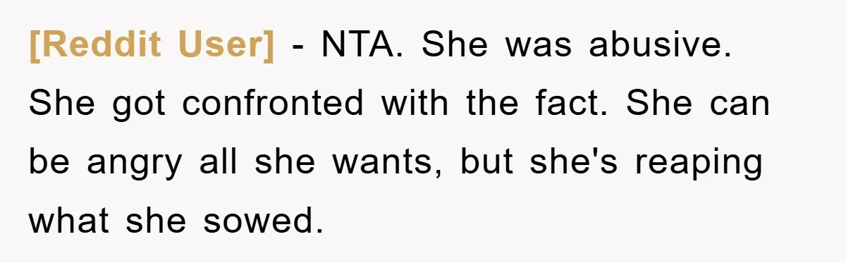 [Reddit User] − NTA. She was abusive. She got confronted with the fact. She can be angry all she wants, but she's reaping what she sowed.