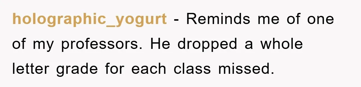 Student Gets The Last Laugh After Overzealous Professor Tries To Drop Them For Missing One Class holographic_yogurt − Reminds me of one of my professors. He dropped a whole letter grade for each class missed.