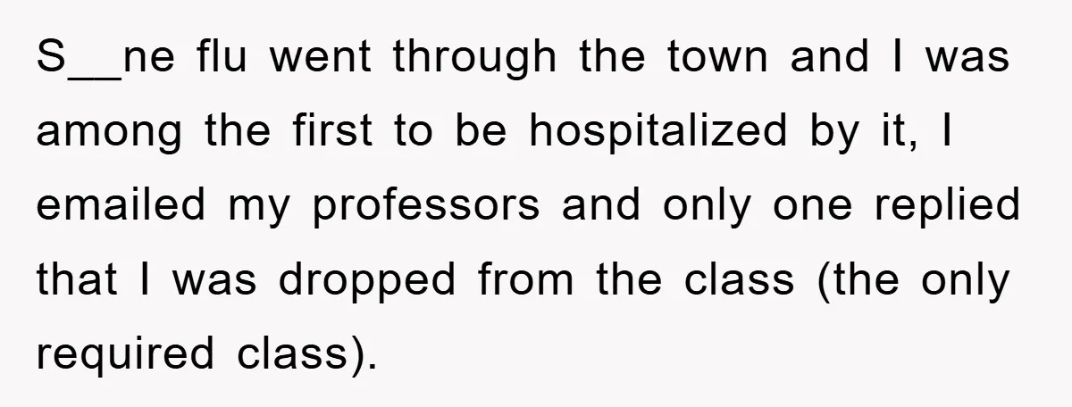 Student Gets The Last Laugh After Overzealous Professor Tries To Drop Them For Missing One Class S__ne flu went through the town and I was among the first to be hospitalized by it, I emailed my professors and only one replied that I was dropped from...