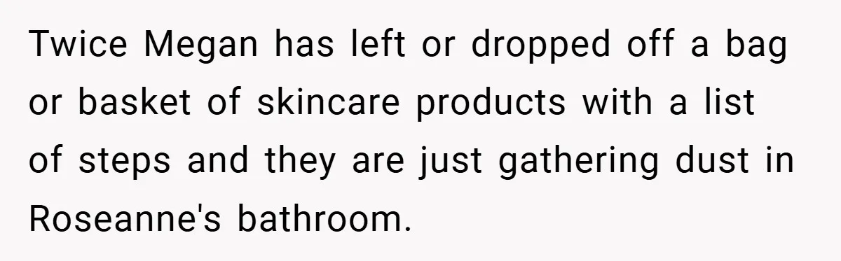 Twice Megan has left or dropped off a bag or basket of skincare products with a list of steps and they are just gathering dust in Roseanne's bathroom.