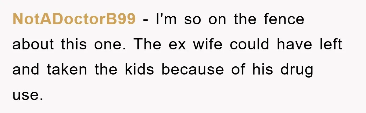 NotADoctorB99 − I'm so on the fence about this one. The ex wife could have left and taken the kids because of his drug use.
