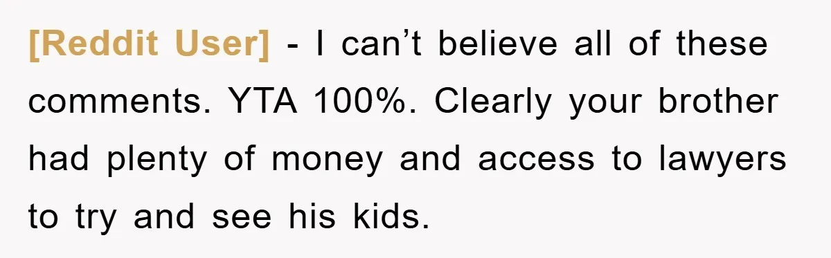 [Reddit User] − I can’t believe all of these comments. YTA 100%. Clearly your brother had plenty of money and access to lawyers to try and see his kids.