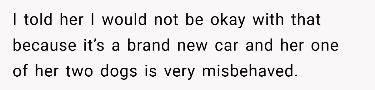 I told her I would not be okay with that because it’s a brand new car and her one of her two dogs is very misbehaved.
