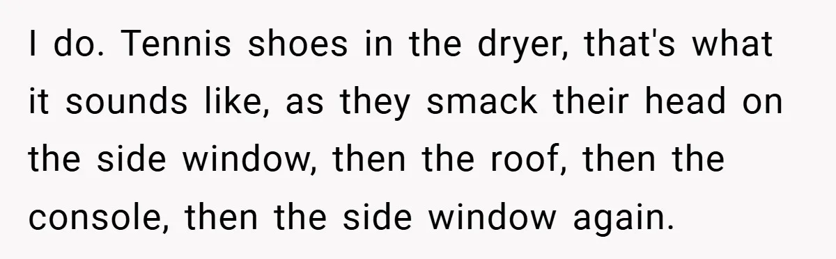 I do. Tennis shoes in the dryer, that's what it sounds like, as they smack their head on the side window, then the roof, then the console, then the side...