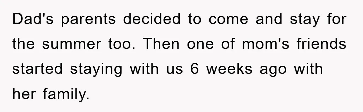 Dad's parents decided to come and stay for the summer too. Then one of mom's friends started staying with us 6 weeks ago with her family.