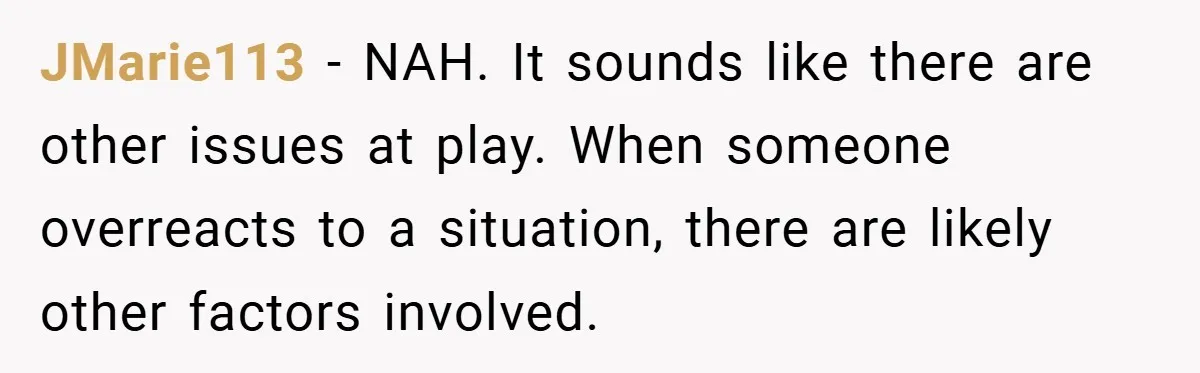 JMarie113 − NAH. It sounds like there are other issues at play. When someone overreacts to a situation, there are likely other factors involved.
