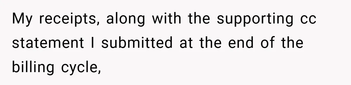 My receipts, along with the supporting cc statement I submitted at the end of the billing cycle,