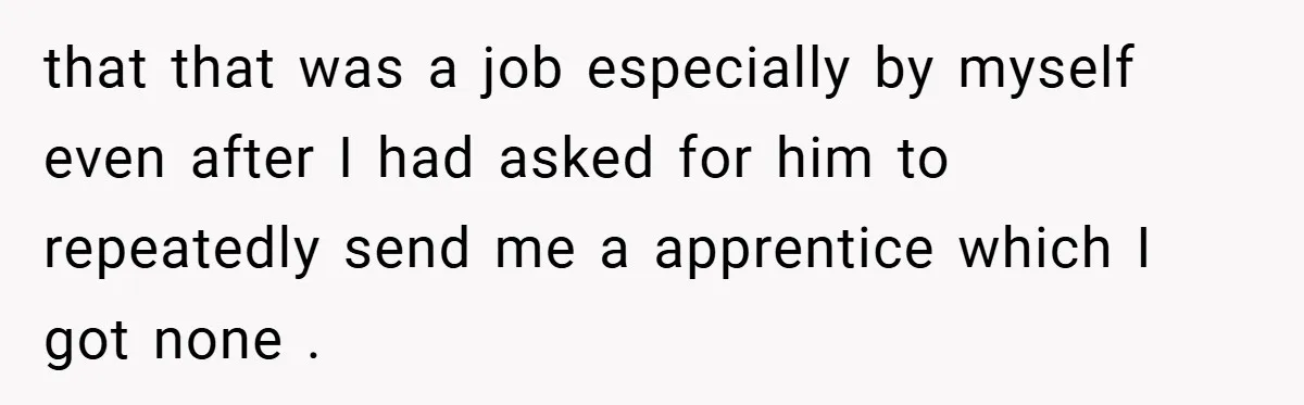 that that was a job especially by myself even after I had asked for him to repeatedly send me a apprentice which I got none .