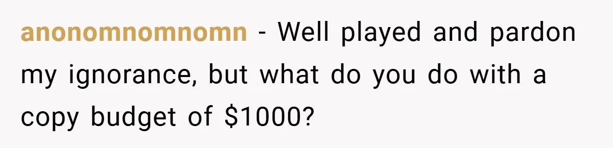 anonomnomnomn − Well played and pardon my ignorance, but what do you do with a copy budget of $1000?