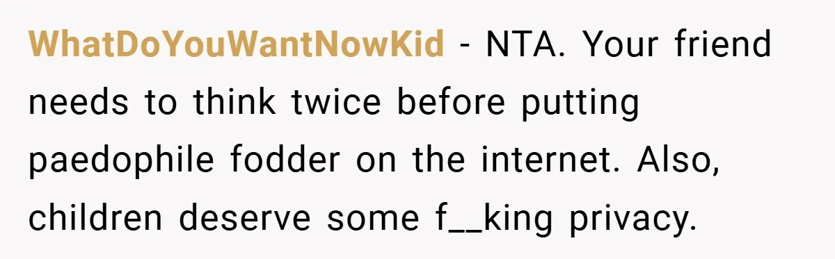 WhatDoYouWantNowKid − NTA. Your friend needs to think twice before putting paedophile fodder on the internet. Also, children deserve some f__king privacy.
