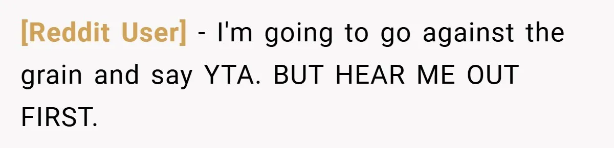 [Reddit User] − I'm going to go against the grain and say YTA. BUT HEAR ME OUT FIRST.