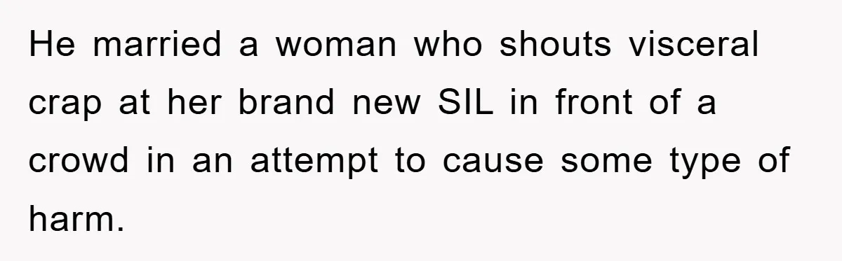 He married a woman who shouts visceral crap at her brand new SIL in front of a crowd in an attempt to cause some type of harm.