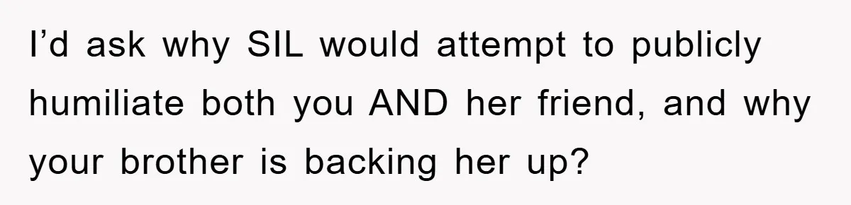 I’d ask why SIL would attempt to publicly humiliate both you AND her friend, and why your brother is backing her up?