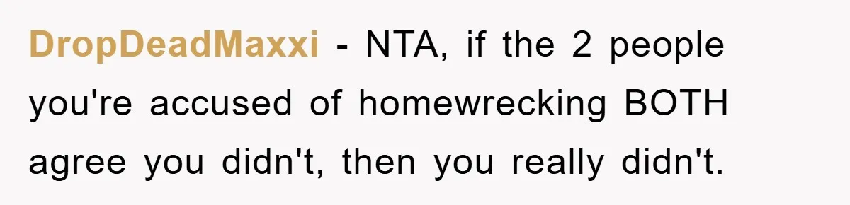 DropDeadMaxxi − NTA, if the 2 people you're accused of homewrecking BOTH agree you didn't, then you really didn't.