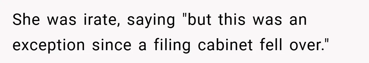 She was irate, saying "but this was an exception since a filing cabinet fell over."