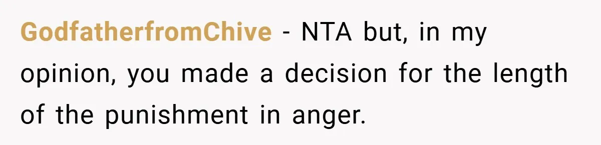 GodfatherfromChive − NTA but, in my opinion, you made a decision for the length of the punishment in anger.