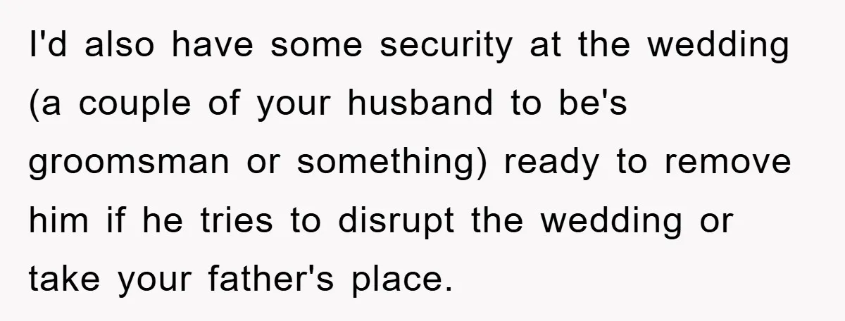 I'd also have some security at the wedding (a couple of your husband to be's groomsman or something) ready to remove him if he tries to disrupt the wedding or...