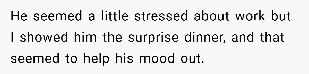 He seemed a little stressed about work but I showed him the surprise dinner, and that seemed to help his mood out.