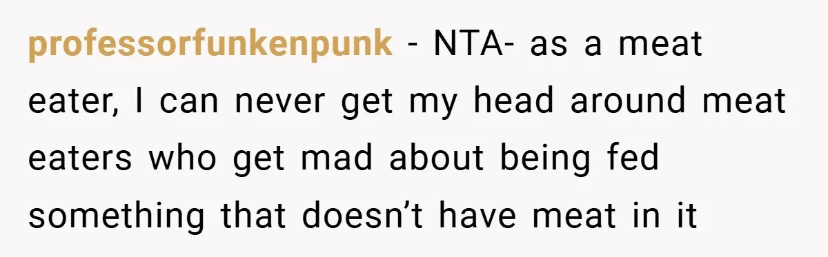 professorfunkenpunk − NTA- as a meat eater, I can never get my head around meat eaters who get mad about being fed something that doesn’t have meat in it