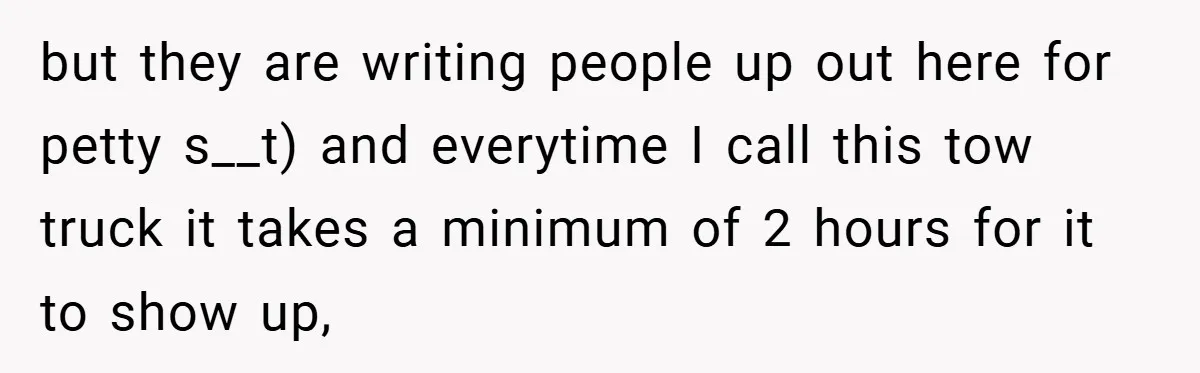 but they are writing people up out here for petty s__t) and everytime I call this tow truck it takes a minimum of 2 hours for it to show up,