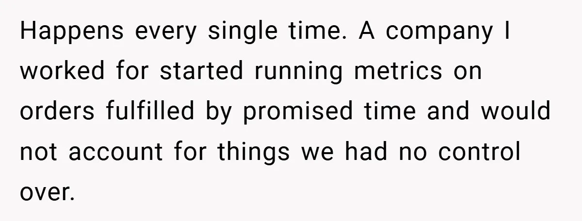 Happens every single time. A company I worked for started running metrics on orders fulfilled by promised time and would not account for things we had no control over.