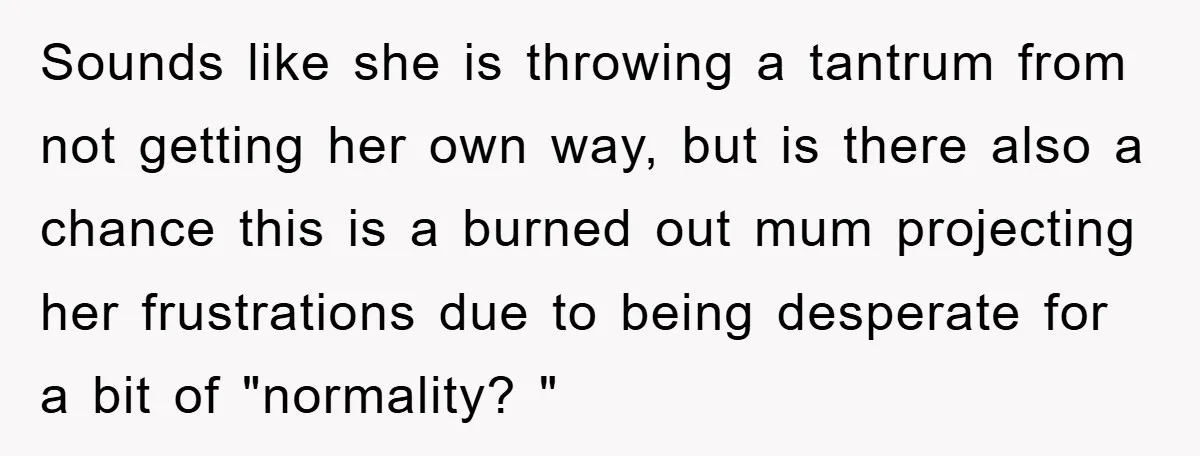 Sounds like she is throwing a tantrum from not getting her own way, but is there also a chance this is a burned out mum projecting her frustrations due to...
