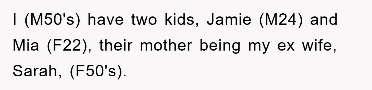 I (M50's) have two kids, Jamie (M24) and Mia (F22), their mother being my ex wife, Sarah, (F50's).