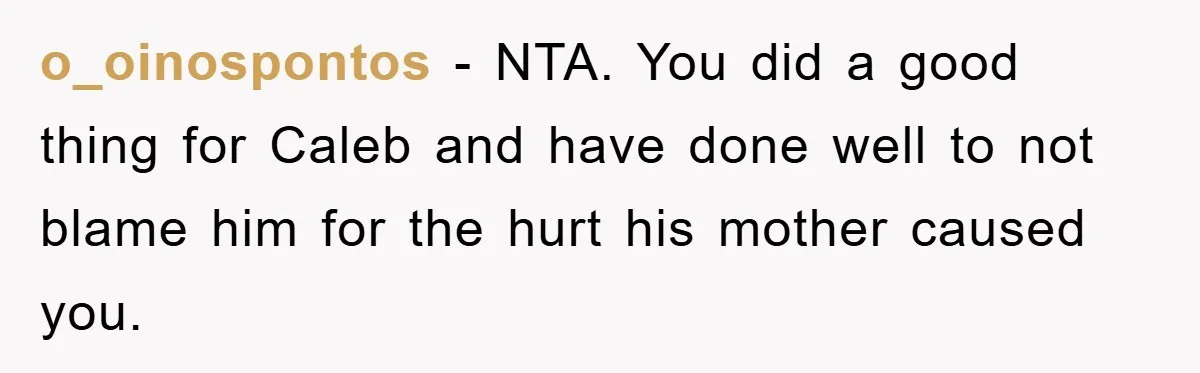o_oinospontos − NTA. You did a good thing for Caleb and have done well to not blame him for the hurt his mother caused you.