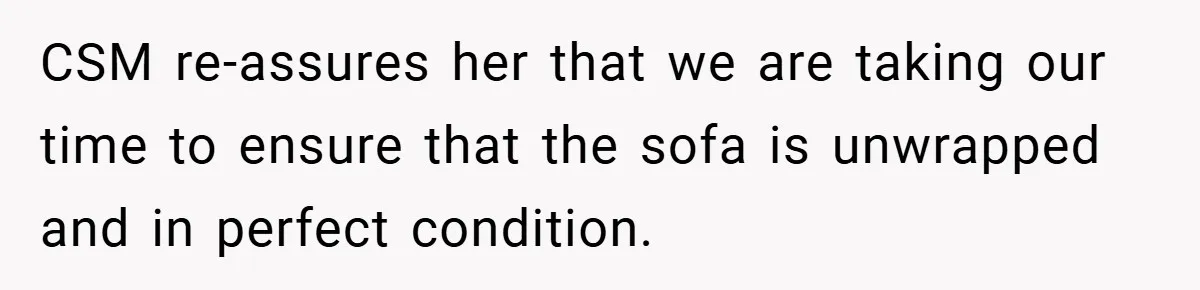 CSM re-assures her that we are taking our time to ensure that the sofa is unwrapped and in perfect condition.