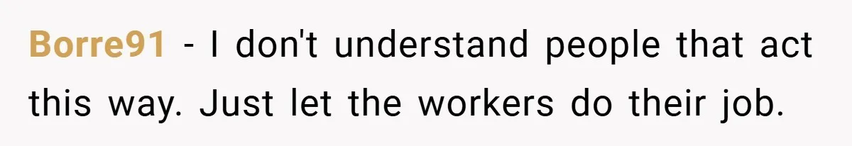 Borre91 − I don't understand people that act this way. Just let the workers do their job.
