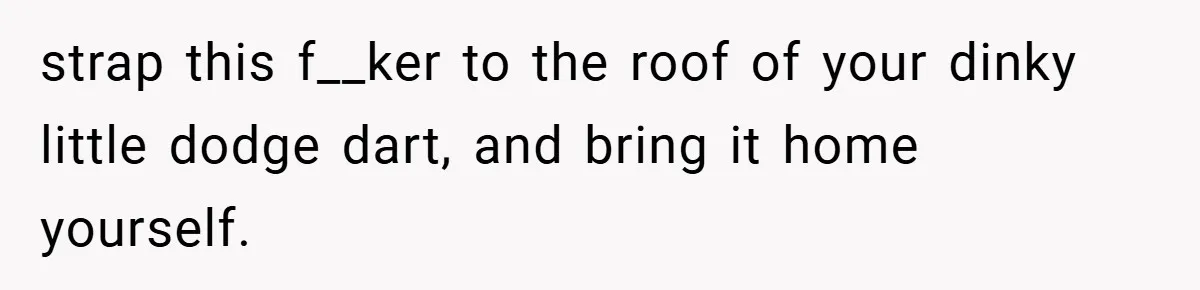 strap this f__ker to the roof of your dinky little dodge dart, and bring it home yourself.