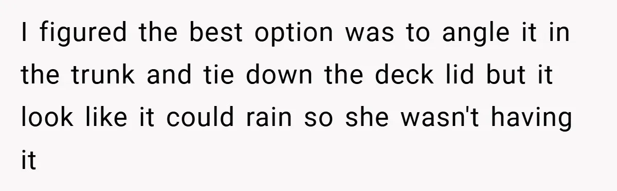 I figured the best option was to angle it in the trunk and tie down the deck lid but it look like it could rain so she wasn't having it
