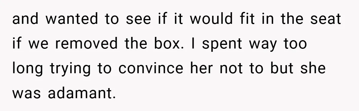 and wanted to see if it would fit in the seat if we removed the box. I spent way too long trying to convince her not to but she was...