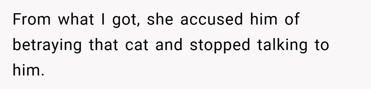 She Made Her Husband Pick Between His Daughter - Now Everyone’s Calling Her the Villain From what I got, she accused him of betraying that cat and stopped talking to him.