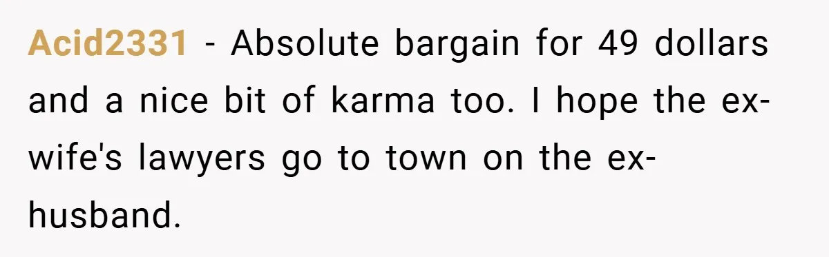 Acid2331 − Absolute bargain for 49 dollars and a nice bit of karma too. I hope the ex-wife's lawyers go to town on the ex-husband.