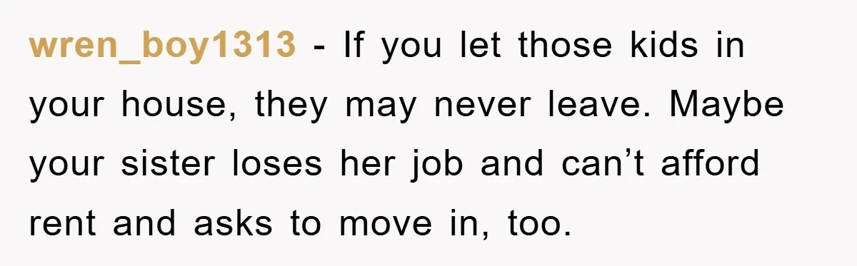wren_boy1313 − If you let those kids in your house, they may never leave. Maybe your sister loses her job and can’t afford rent and asks to move in, too.