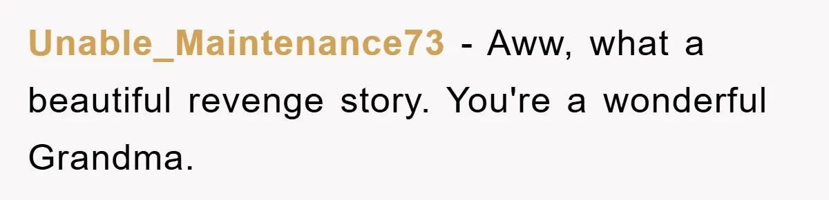 Unable_Maintenance73 − Aww, what a beautiful revenge story. You're a wonderful Grandma.