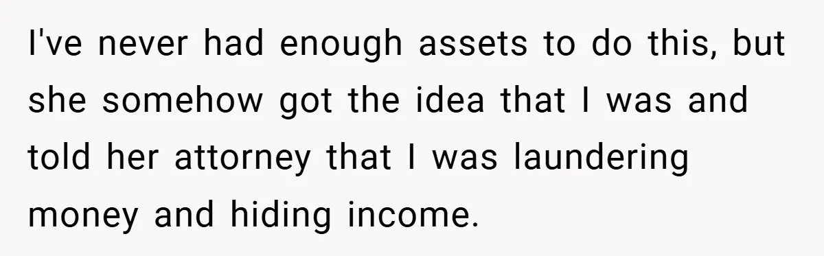 I've never had enough assets to do this, but she somehow got the idea that I was and told her attorney that I was laundering money and hiding income.