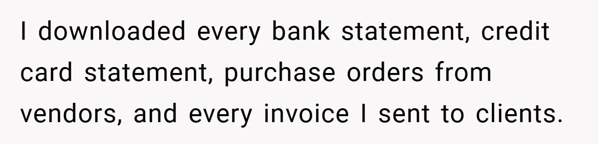 I downloaded every bank statement, credit card statement, purchase orders from vendors, and every invoice I sent to clients.