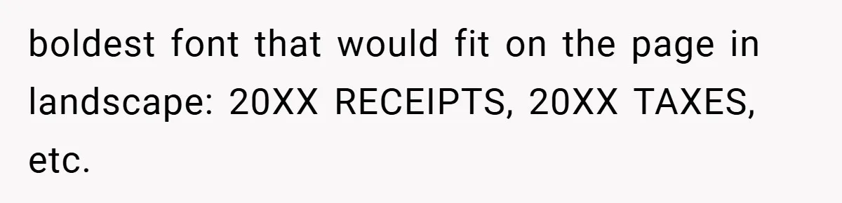 boldest font that would fit on the page in landscape: 20XX RECEIPTS, 20XX TAXES, etc.