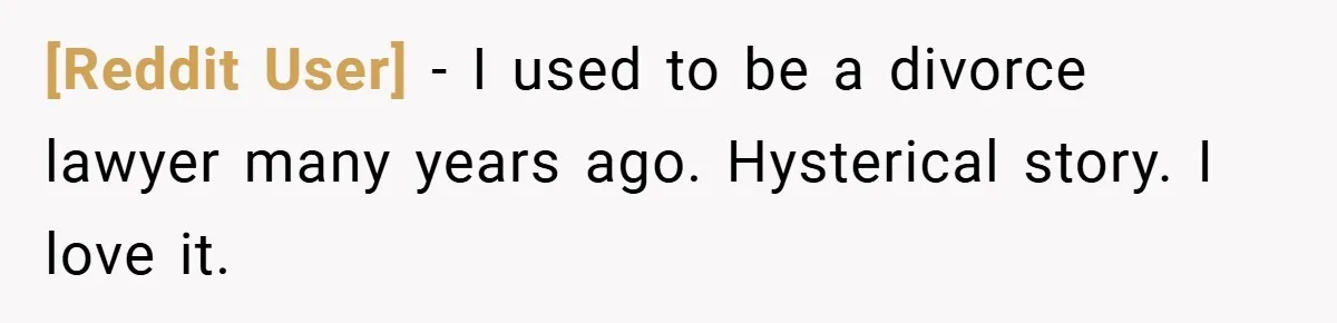 [Reddit User] − I used to be a divorce lawyer many years ago. Hysterical story. I love it.