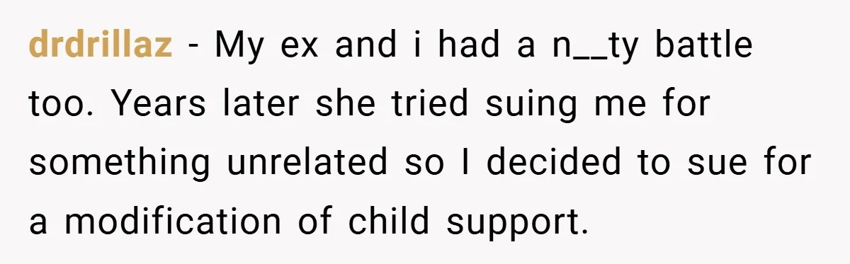 drdrillaz − My ex and i had a n__ty battle too. Years later she tried suing me for something unrelated so I decided to sue for a modification of child...