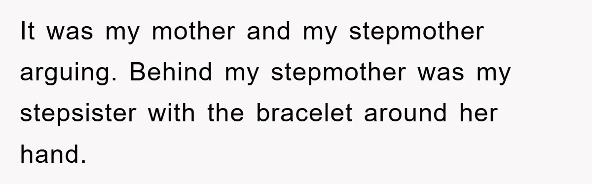 It was my mother and my stepmother arguing. Behind my stepmother was my stepsister with the bracelet around her hand.