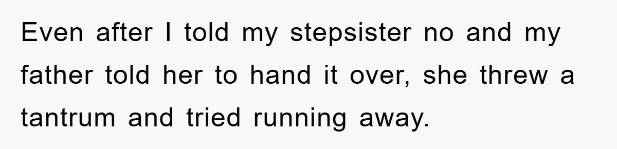 Even after I told my stepsister no and my father told her to hand it over, she threw a tantrum and tried running away.