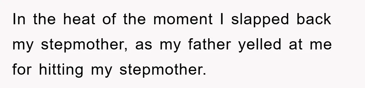 In the heat of the moment I slapped back my stepmother, as my father yelled at me for hitting my stepmother.
